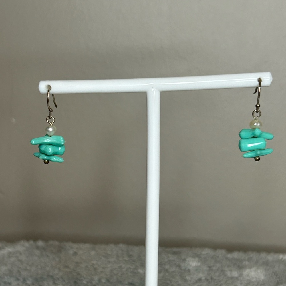 Turquoise Chip and Pearl Dangle Earrings- Sterling